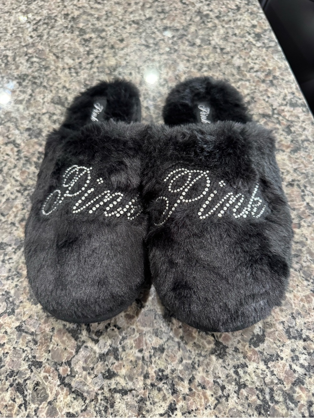 PINK Victoria's Secret Black Faux Fur Slide Slippers with Rhinestone Logo